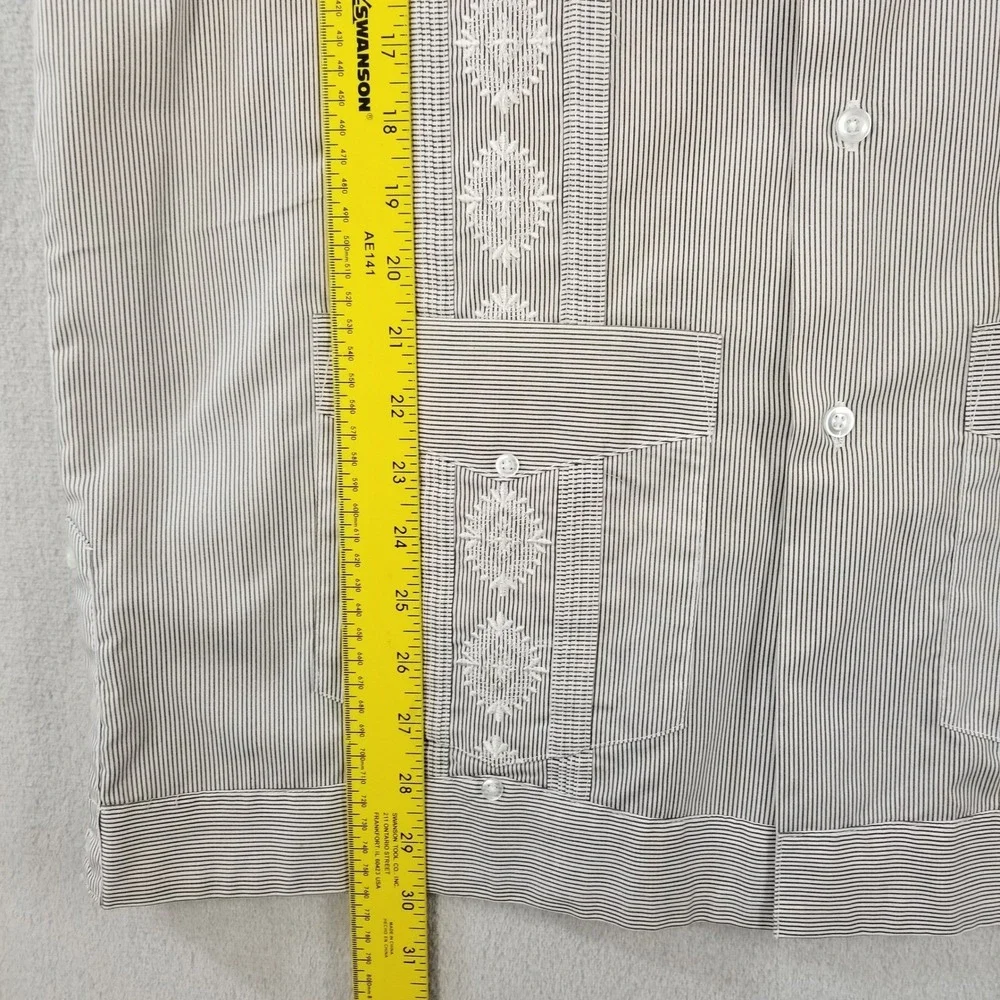 Vtg David Taylor Guayabera Shirt M Gray White Striped Embroidered Camp‎ Sears